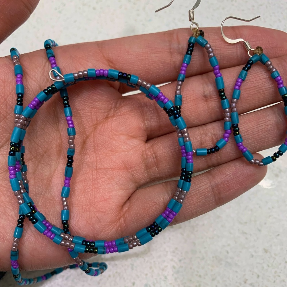 Handmade beaded necklace, earrings and bracelet